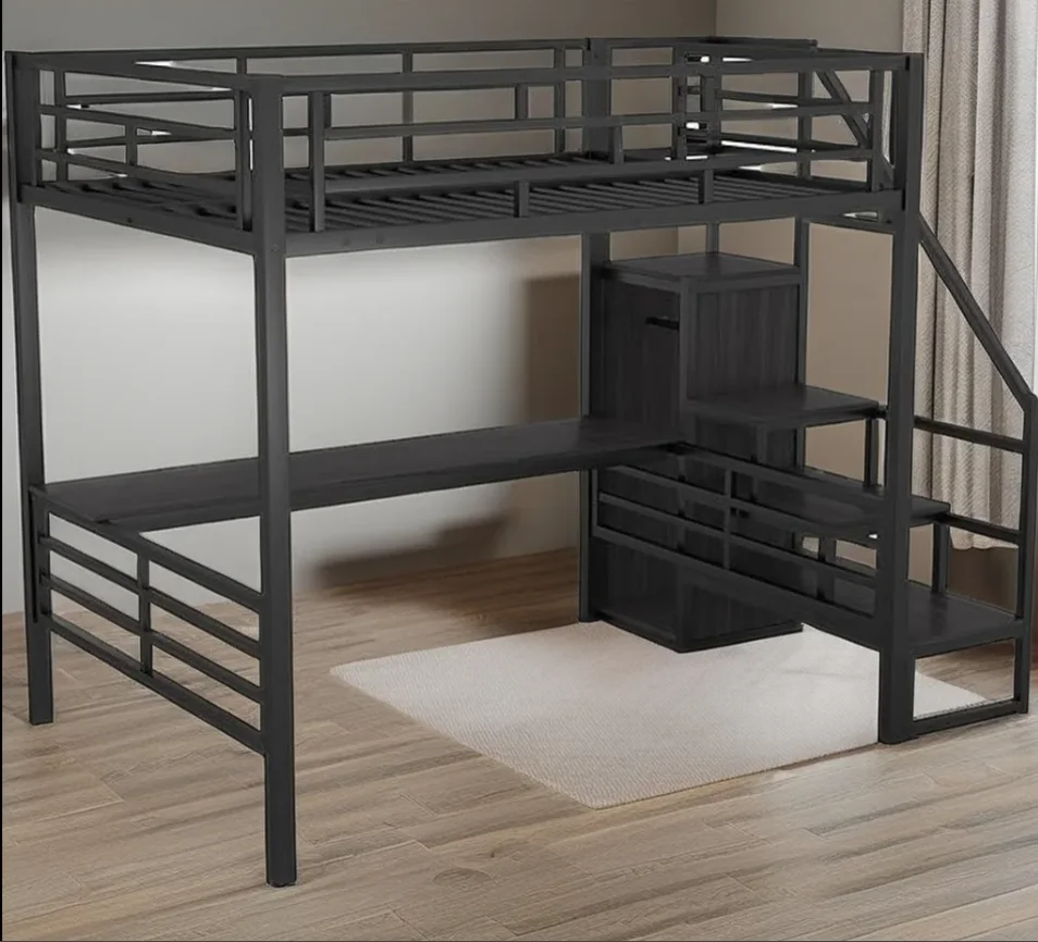Twin over Twin Metal Bunk Bed with Side Ladder and Full-Length Guardrail Space-Saving Design for Bedroom Hotel school furniture