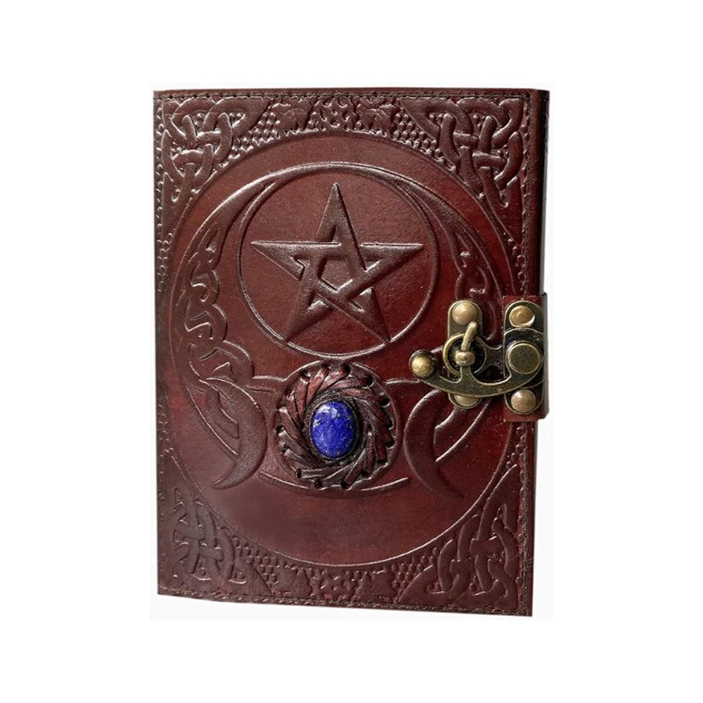 Пустой «Триединая Луна», третий глаз камень в винтажном стиле Гримуар заклинание, Необычные ручной замок застежка коричневого камня Дневник для записей