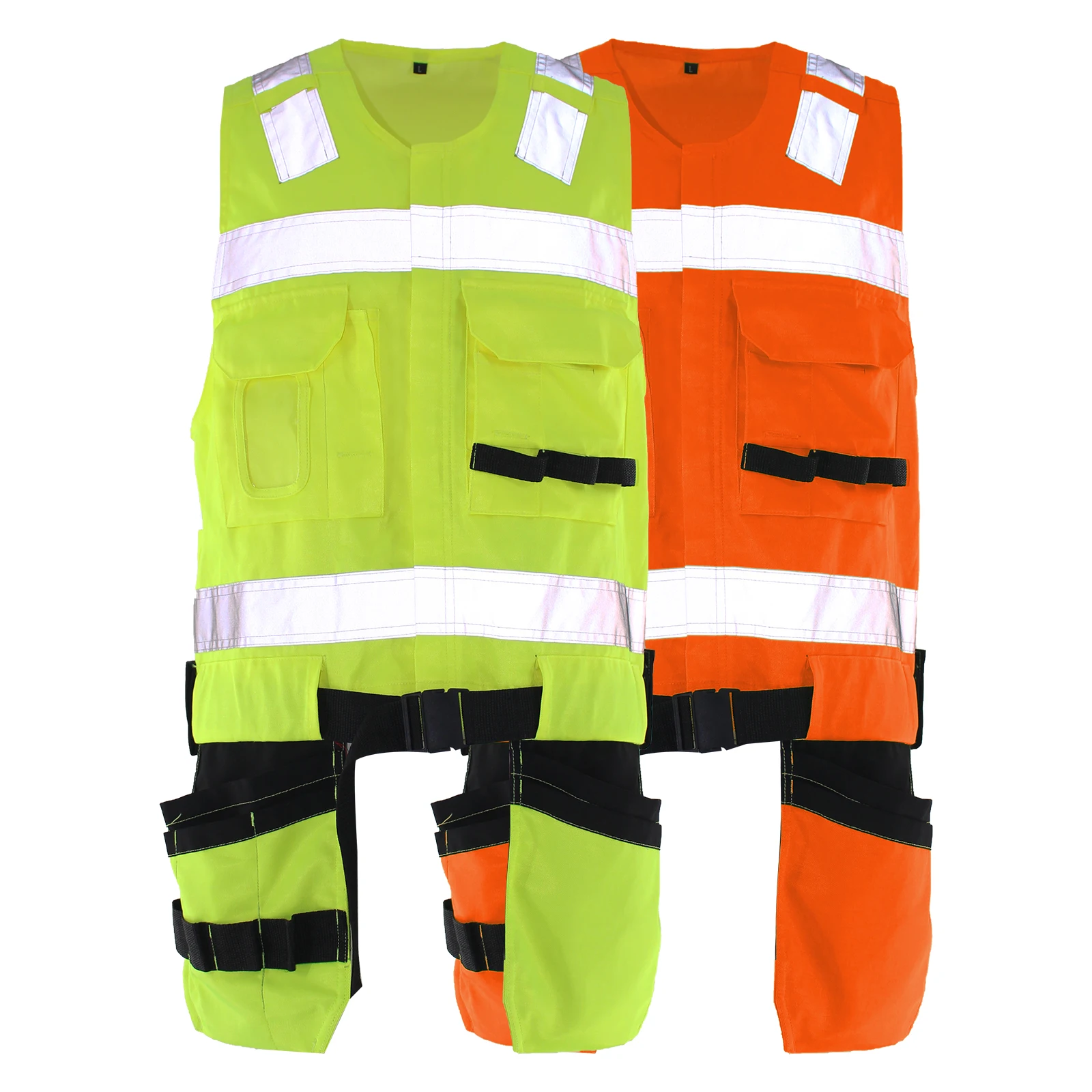 Multi Pockets Hi Vis Safety Zippered Vest For Unisex Sleeveless Orange Reflective Taped Construction Workwear Roadway Vest