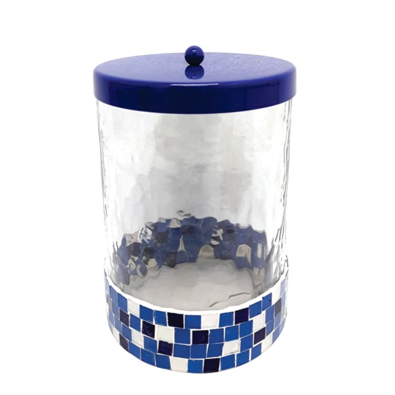Kitchen & Tabletop Glass & Iron Round Box With LID Matt Nickel Plating With Silver Mosaic Large Size Storage Jars And Canisters