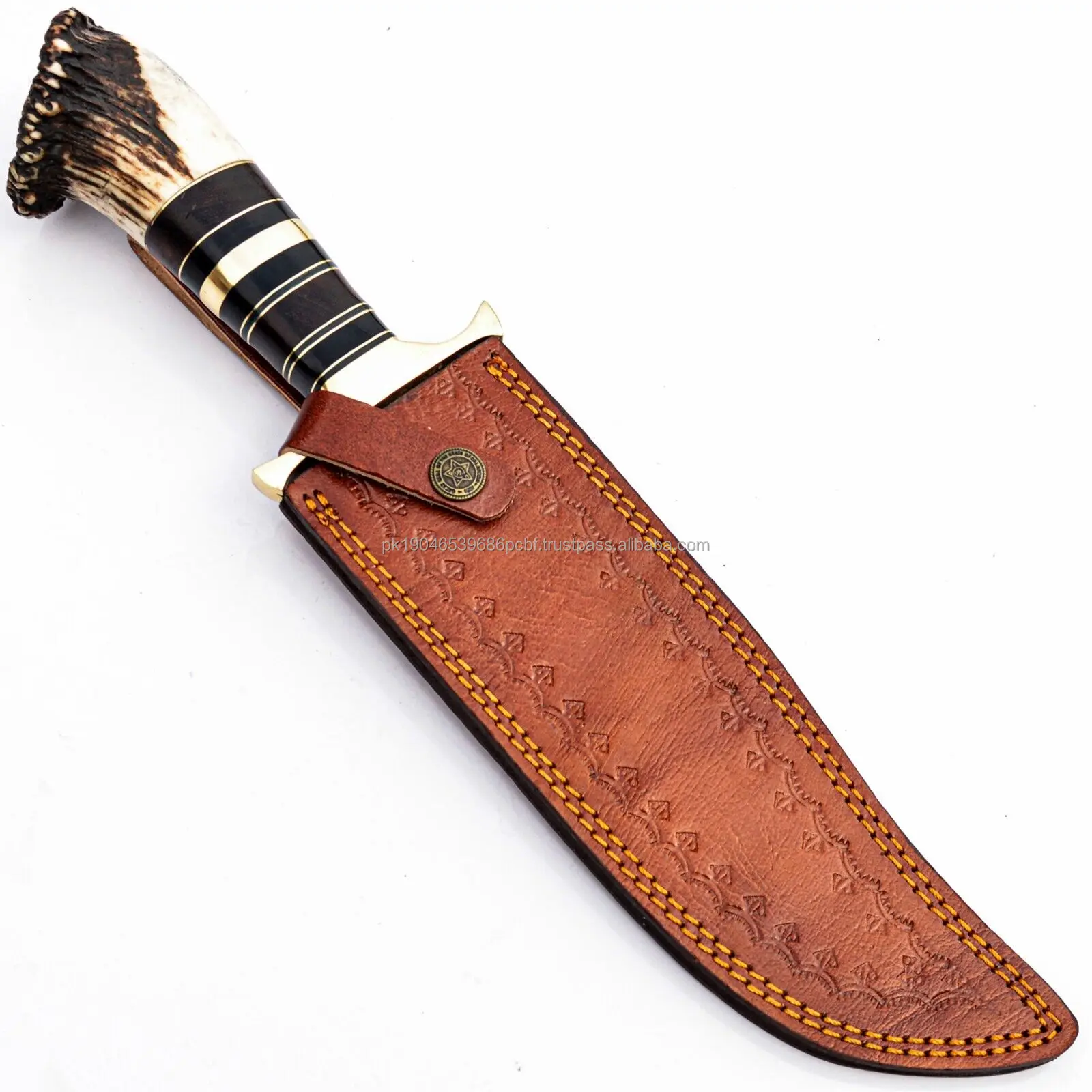 Real Damascus Steel Heavy Duty Hunting Survival Knife Deer Antler Crown Handle Outdoor Tactical Camping Knife OEM Customizable