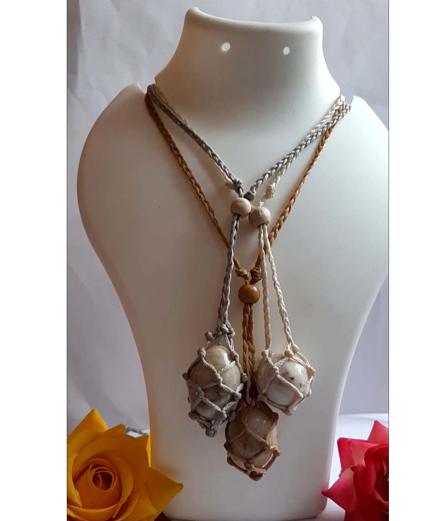 Best Lace Agate Macrame Necklace Big Roundell Gems Macrame Necklace White Thread Net Bag Necklace Bohe Rop Jewelry For Gift