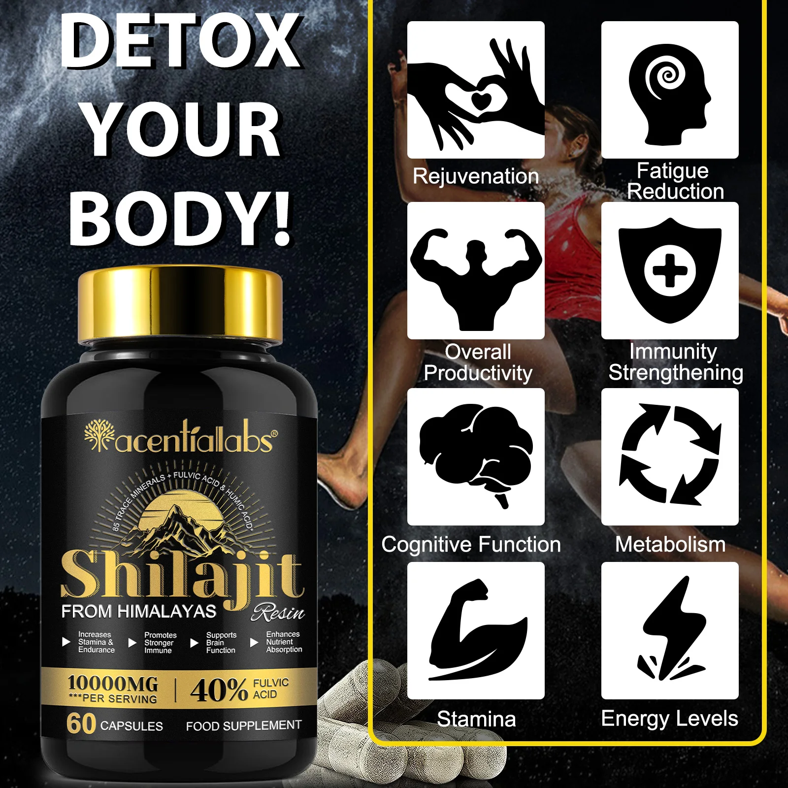 10000Mg Maximum Potency Organic Capsules 60 Count Promotes Stronger Immune Food Supplement Pure Himalayan Shilajit Capsules