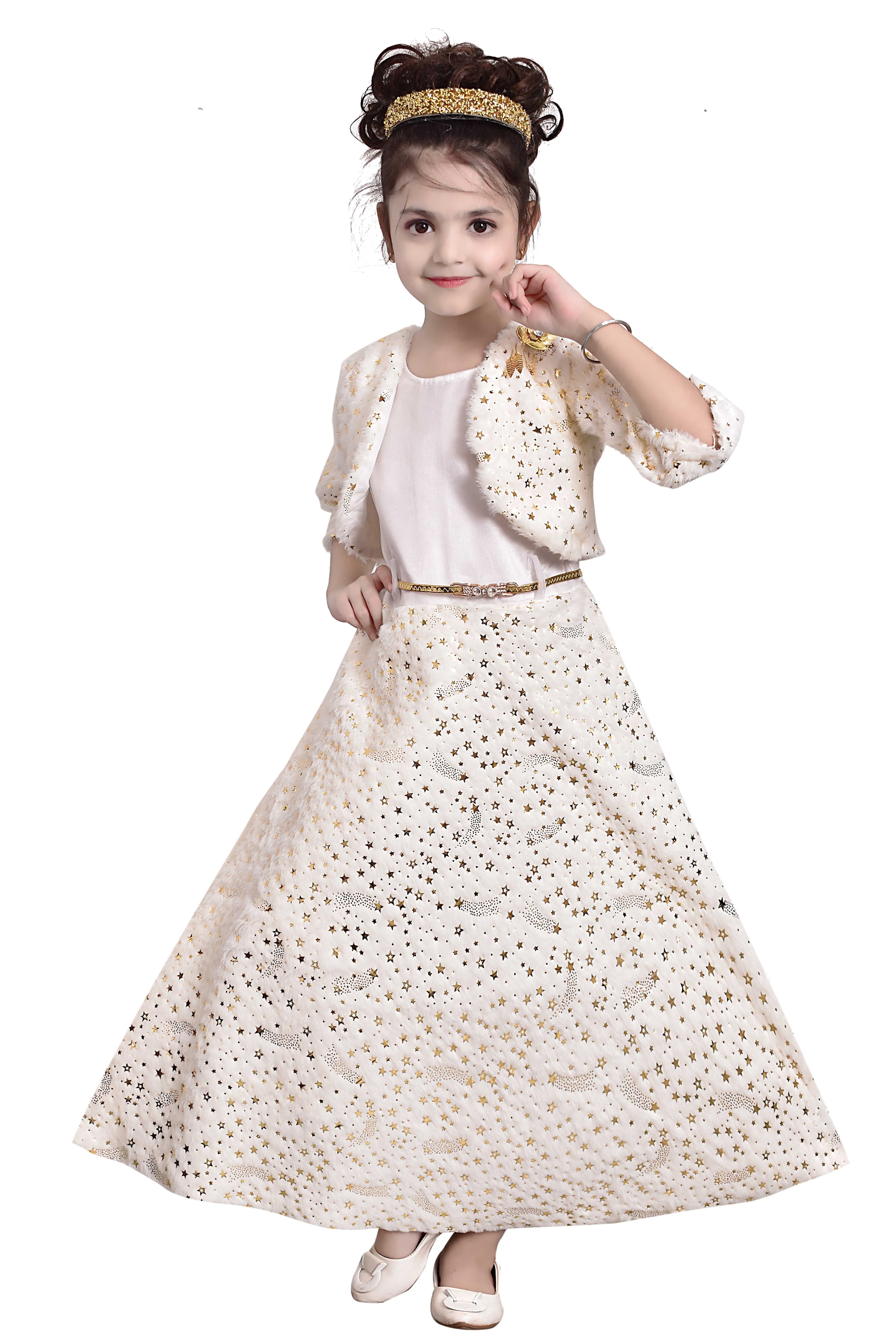 Latest Design Stylish Look Detachable Jacket  Fur Gown Dress For Girls Dress 3-10Years Best Quality In Stock Item Made In India
