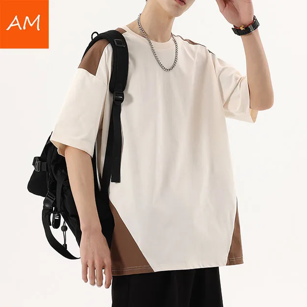 New Product Custom Logo Two Tone Color Patchwork Street Wear Casual Running Gym T-shirts For Men