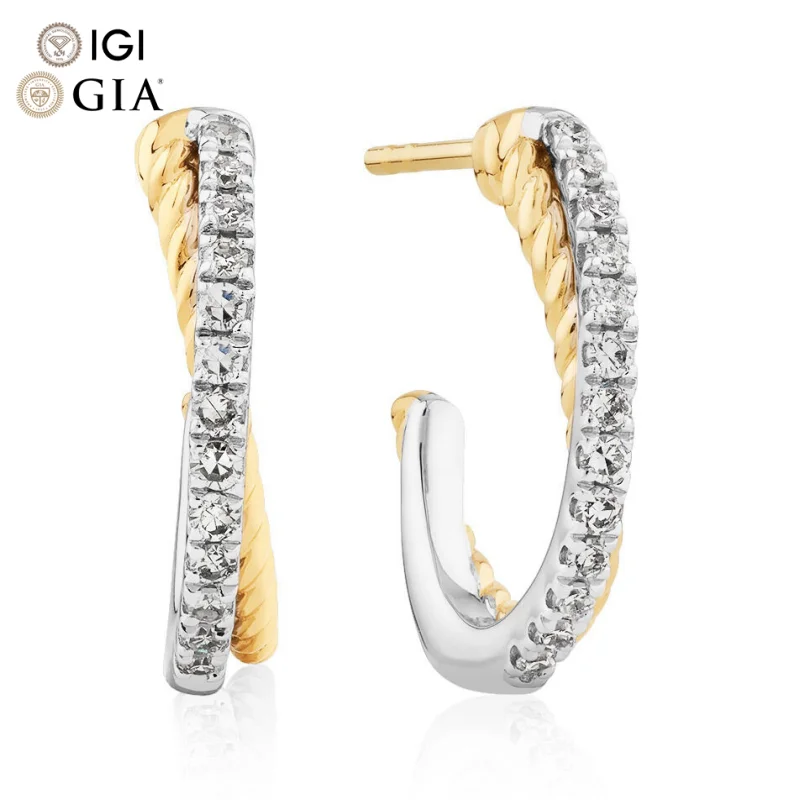 Custom IGI GIA HPHT CVD Lab Grown Made Created Diamond Earring 14K 18K Solid Gold Crossover Hoop Earrings Yellow White Gold
