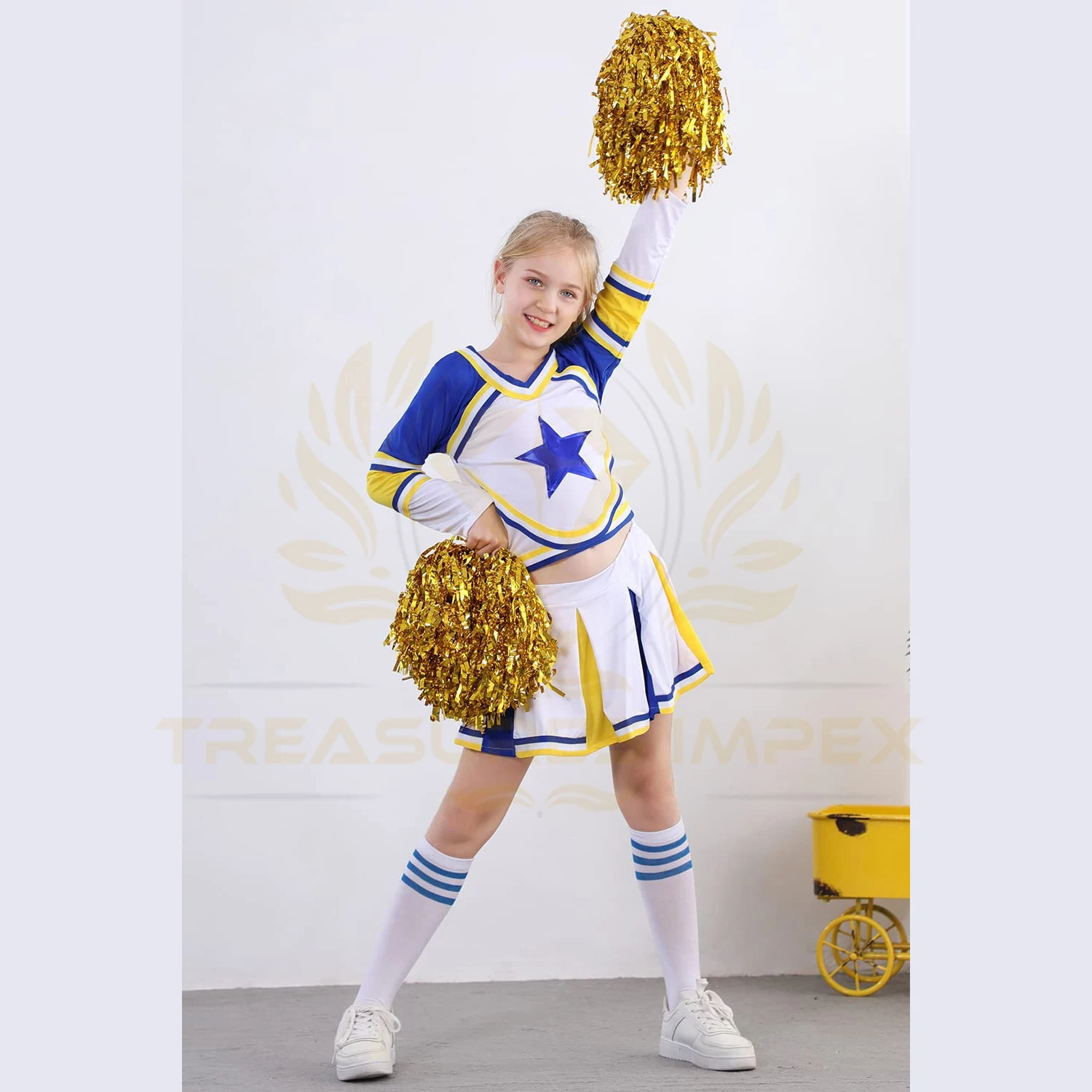 Sport Wear Custom Sports Uniform Wholesale Price Costume For Girls Cheerleading Uniform Dress Outfit With Stockings 2 Pom Pom