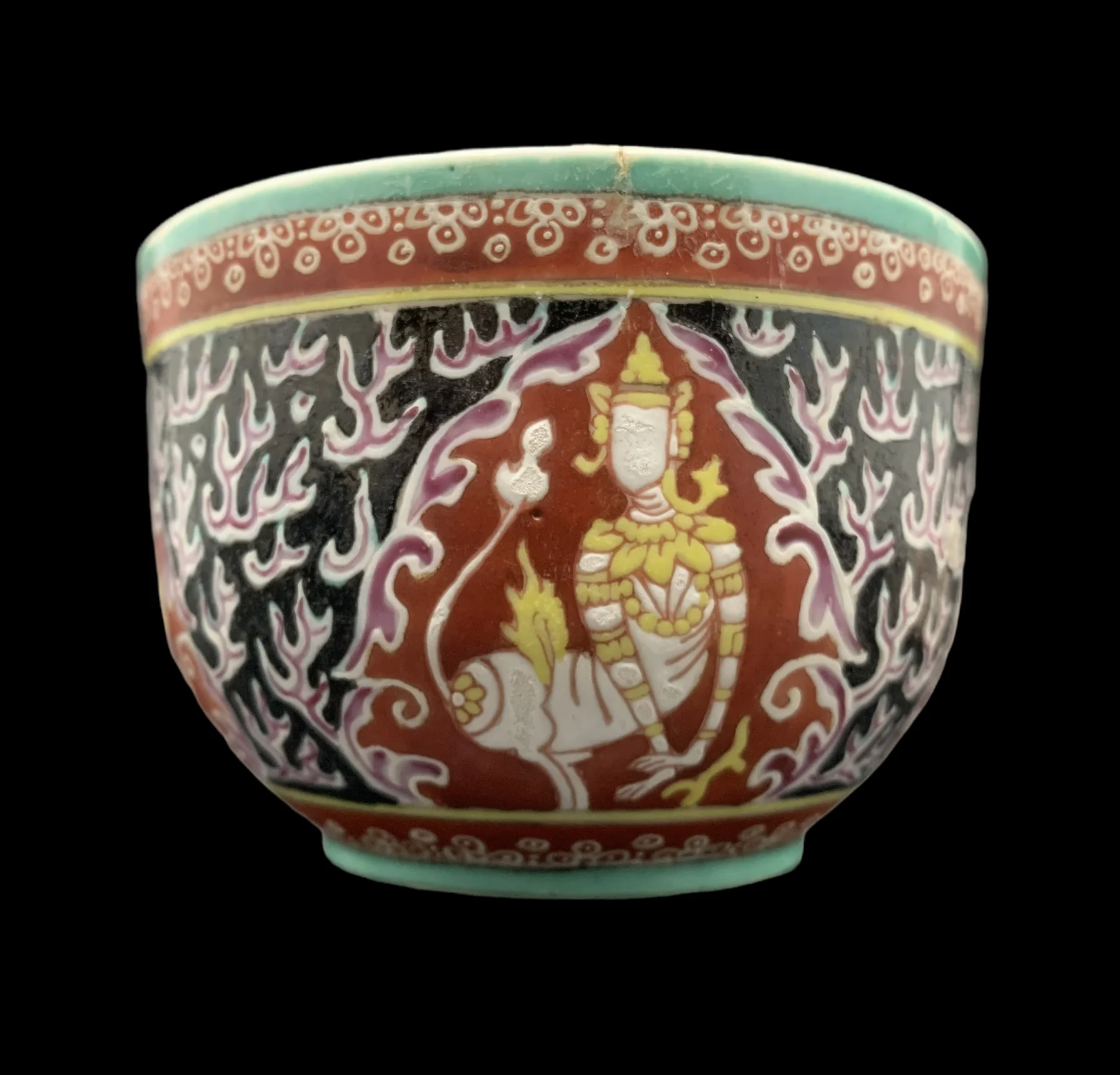 Antique Benjarong ceramic Covered Jar Painted With Theppanom Alter Nathing With Norasingha On Black Ground For Collectible