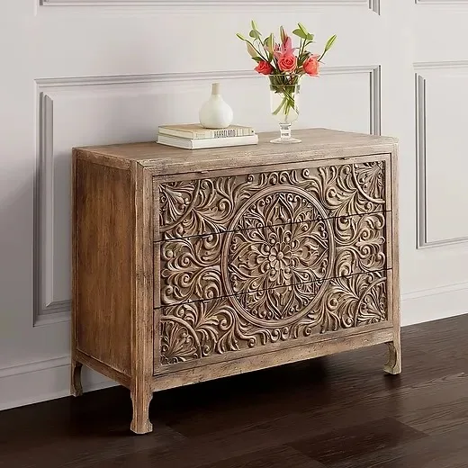Carved Solid Wooden Dresser Handcrafted Chest of Drawers With Door For Bathroom Living Room Handmade Bulk Product