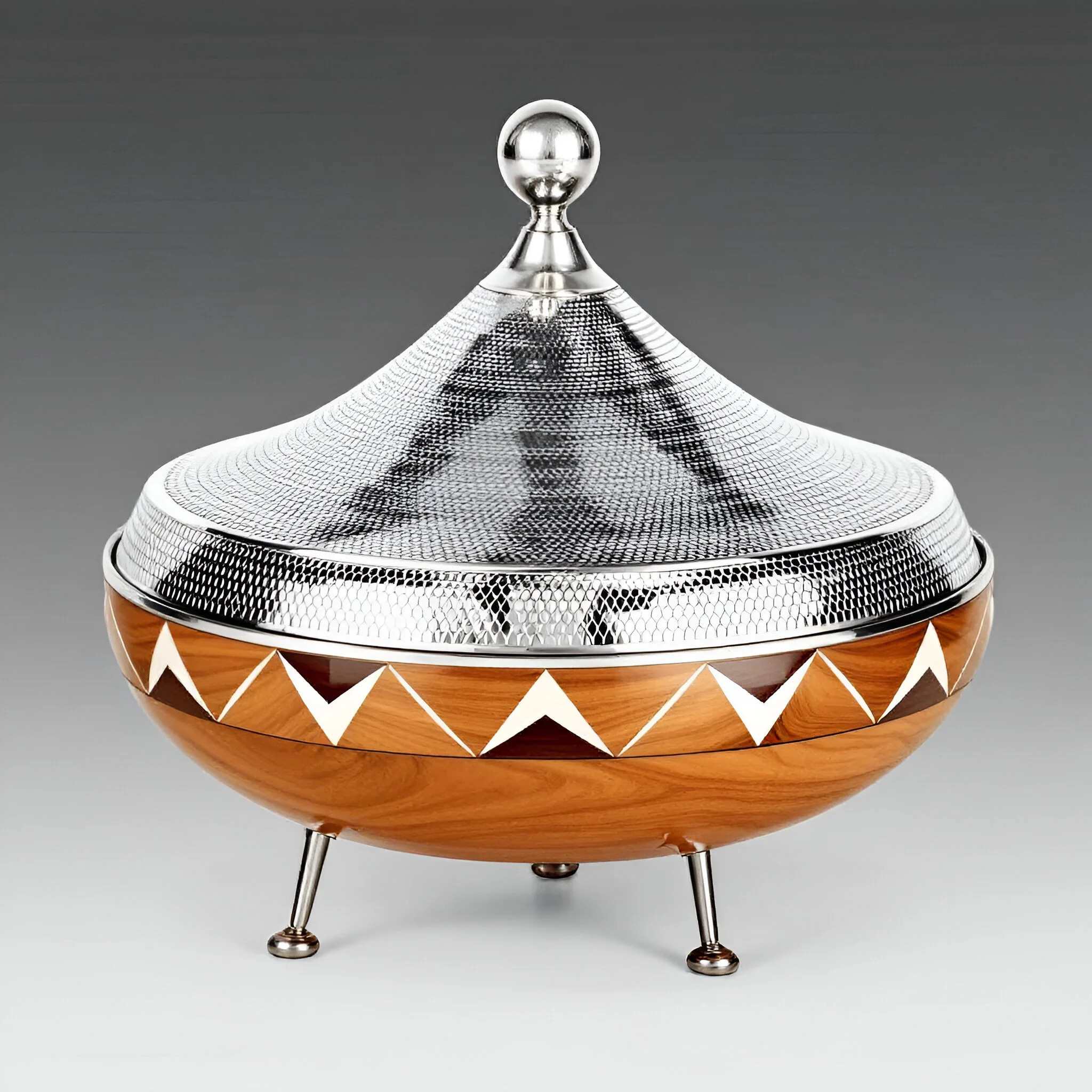 Artisan Elegance Casserole Dish Intricate Wood Inlay & Textured Metal Stainless steel Chafing Dishes with Lid for Stylish Serve