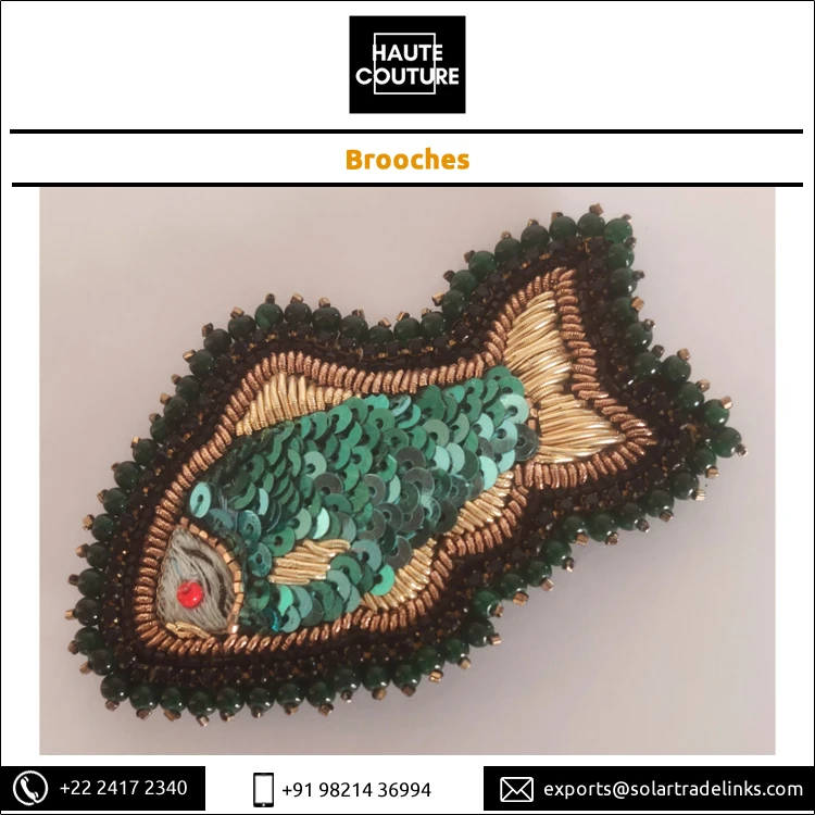 Custom Size Bullion Kora Thread Embroidered Handmade Sequins Miyuki Beads Made Fish Brooch at Reasonable Price