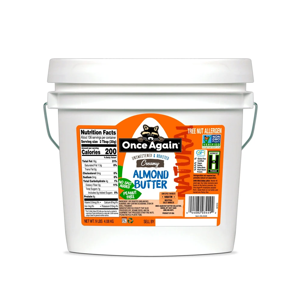 Premium Quality Smooth Almond Butter Packed into 9lb Pail Roasted Salt Free Unsweetened Gluten Free Vegan Kosher Certified