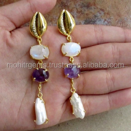 Avant Garde Beach Earring With Cowrie Shells Moonstone Amethyst and Pearls Bohemian Earrings
