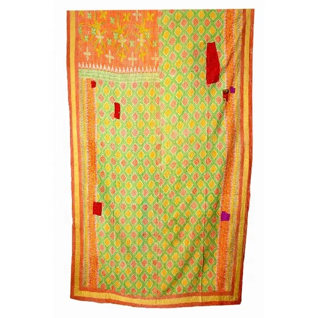 Indian Handmade Vintage Kantha Quilt Printed Bedcover Cotton Blanket Gudari Vintage Kantha Quilt