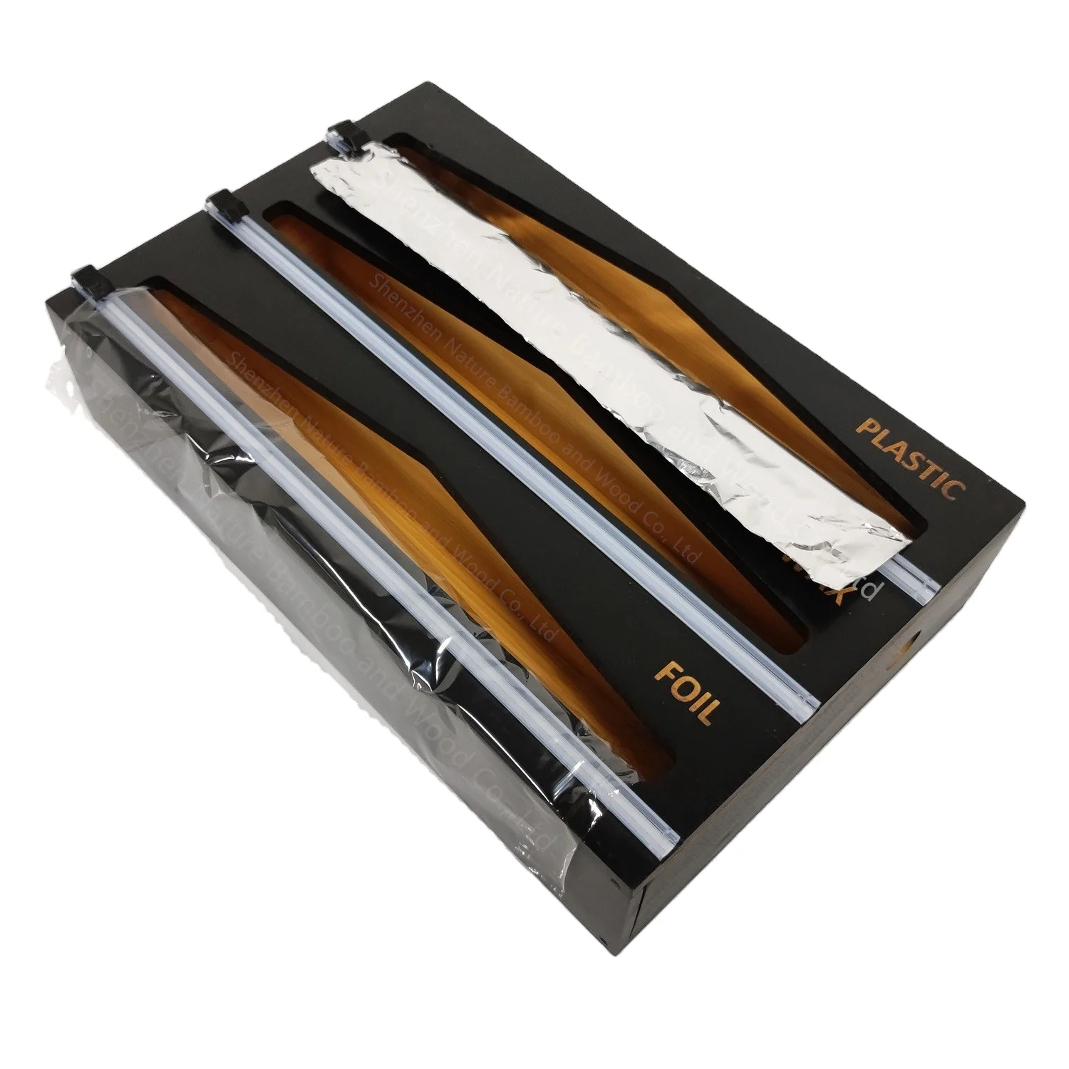 Black Kitchen Drawer Organizer Dispenser with Cutter Bamboo Paper Plastic Wrap Aluminum Foil Storage Holders