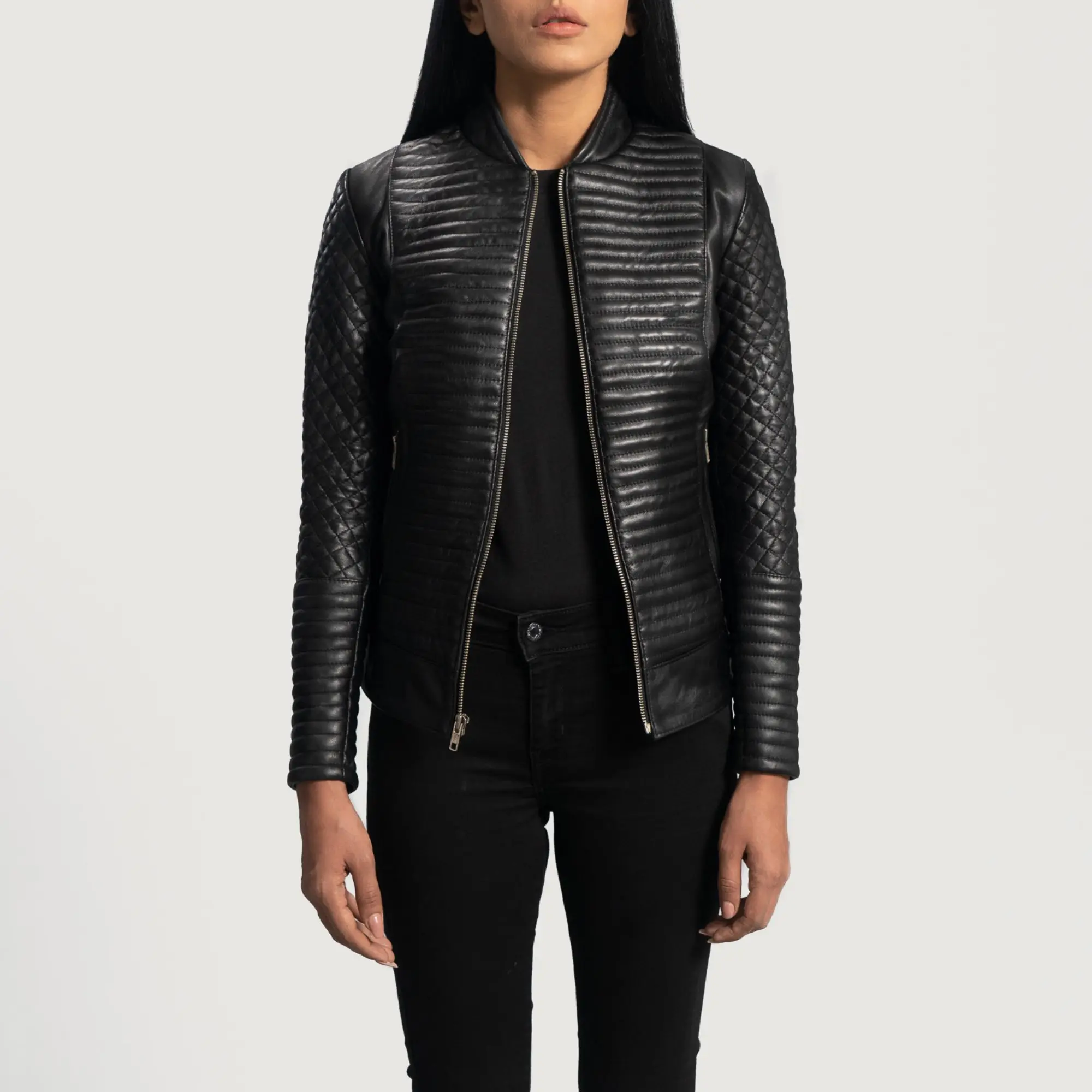 Real Leather Sheepskin Aniline Zipper Cityscape Black Women Biker Jacket with Quilted Viscose Lining and Inside Outside Pockets