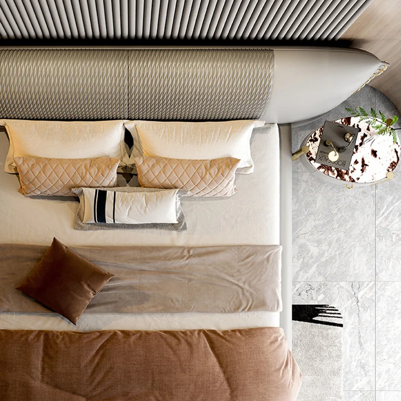 Light Luxury Genuine Leather Double King Bed with Modular Headboard Simple Modern Master Bedroom Villa Furniture Set