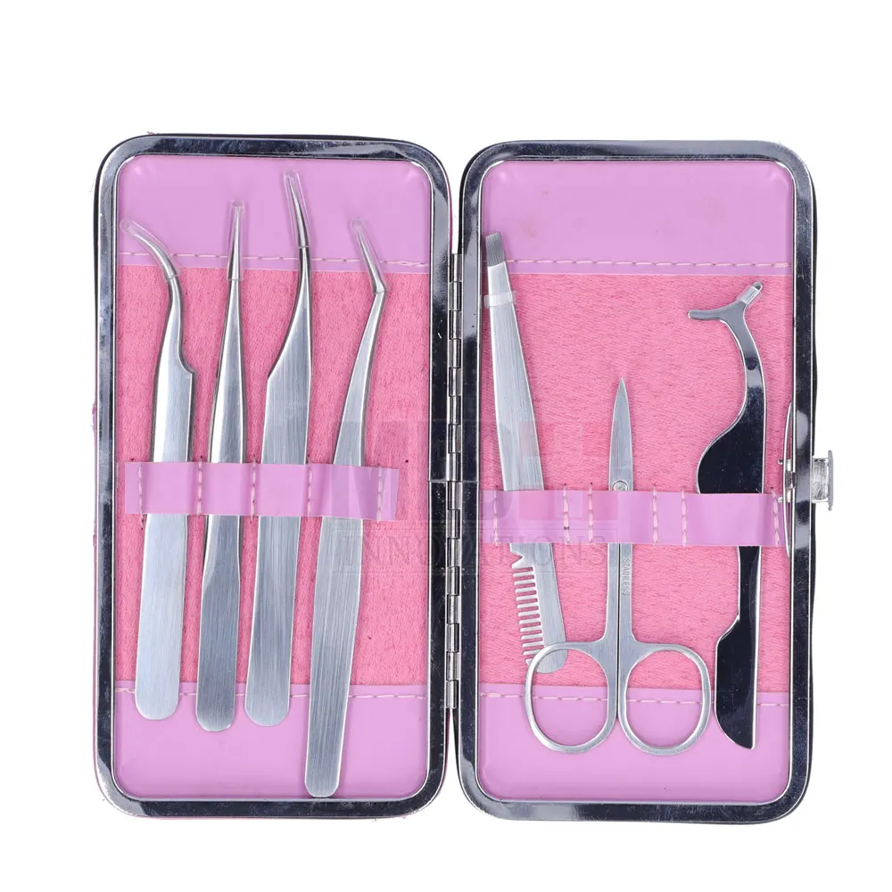 Hot Selling Silver Color Fiber Tip Eye Hair Extension Tools Kit With Non-Slip Stainless Steel Extensions Eyelash Tweezers Set