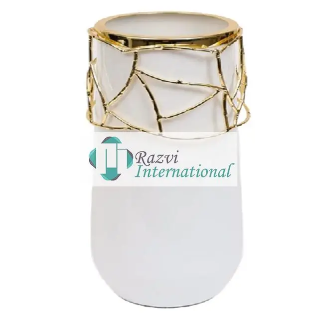 White Glossy Color Decorative Vase With Gold Mesh Design Decorative Vase Top Quality White And Golden Color Flower Pot and Vases