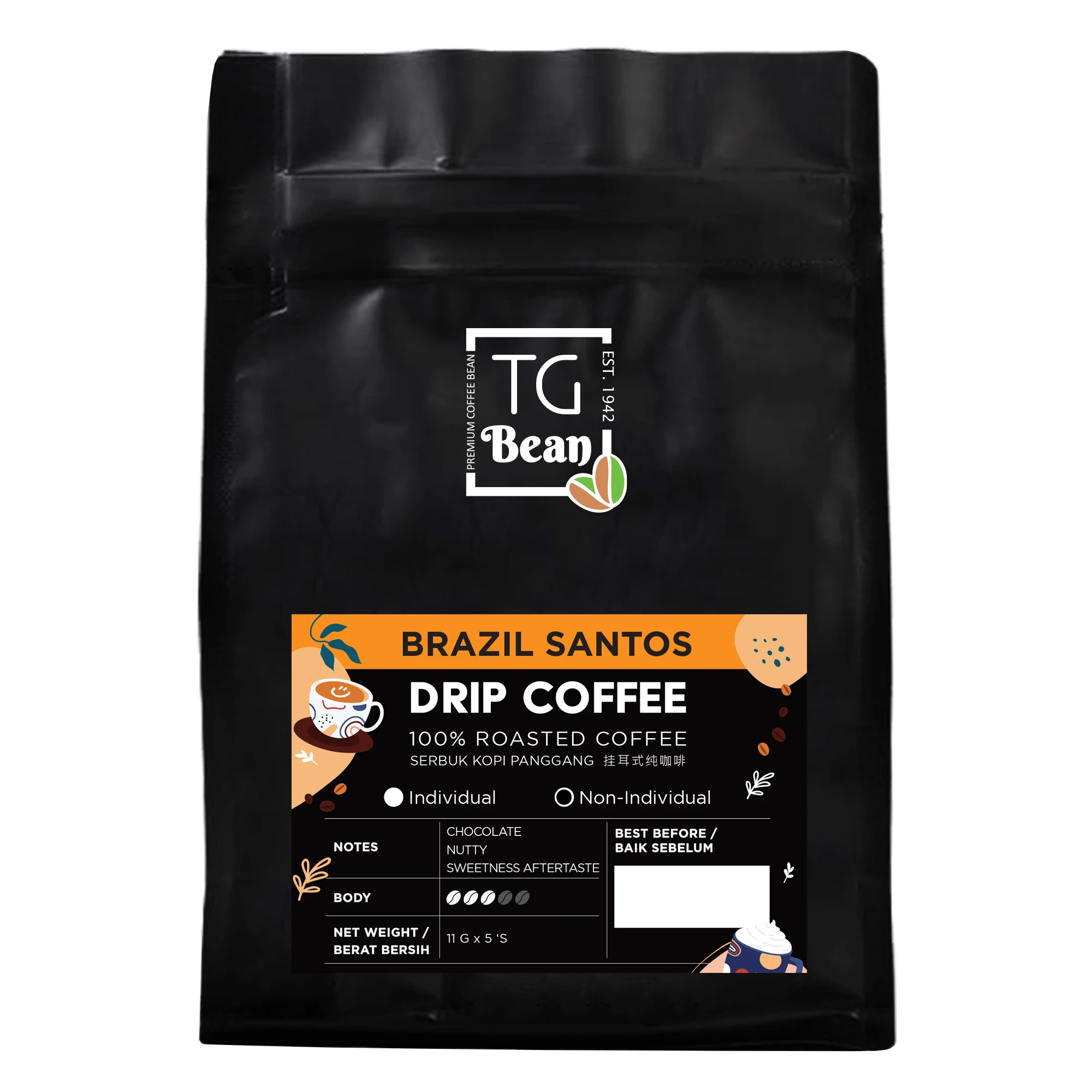 Single Origin Brazil Santos Drip Bag Coffee Notes of Chocolate Nuts with Sweetness Aftertaste 6s Individual Pack