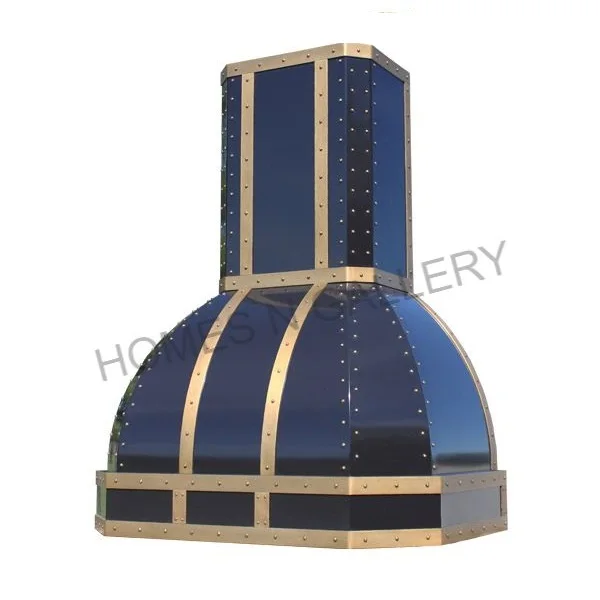 Top selling High Quality Antique Design Powder Coated Copper Brass Kitchen Island Range Hood Canopy Chimney With Strip Rivets