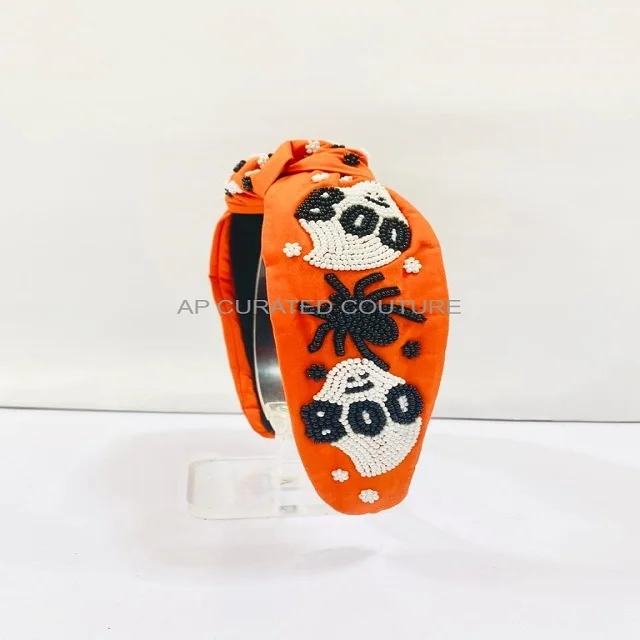Latest Halloween Hand Embellished Hairbands Collection Designer Embroidered Classy Top Knotted Hair Accessories