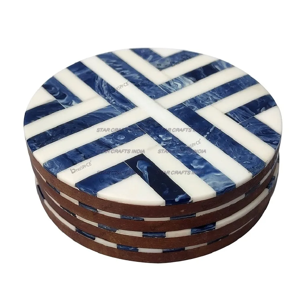 New Design Custom Logo Wood And Resin Round Shape Blue and white Color Zig zag Design Coasters Set Manufacturer Unique Quality