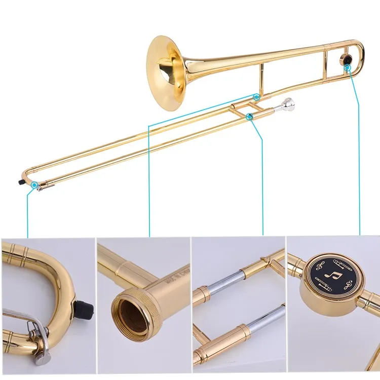 Alto Trombone Brass Gold Lacquer Bb Tone B flat Wind Instrument with Cupronickel Mouthpiece Cleaning Stick Case