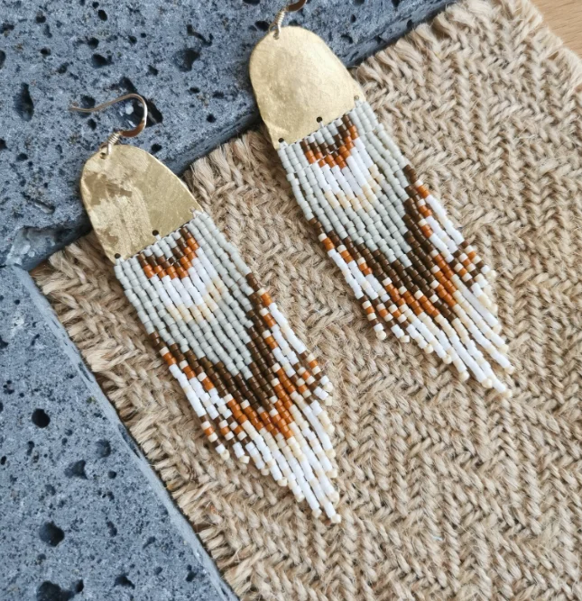 Native Boho Beaded Fringe Earrings, Quill Feather Bead Earrings