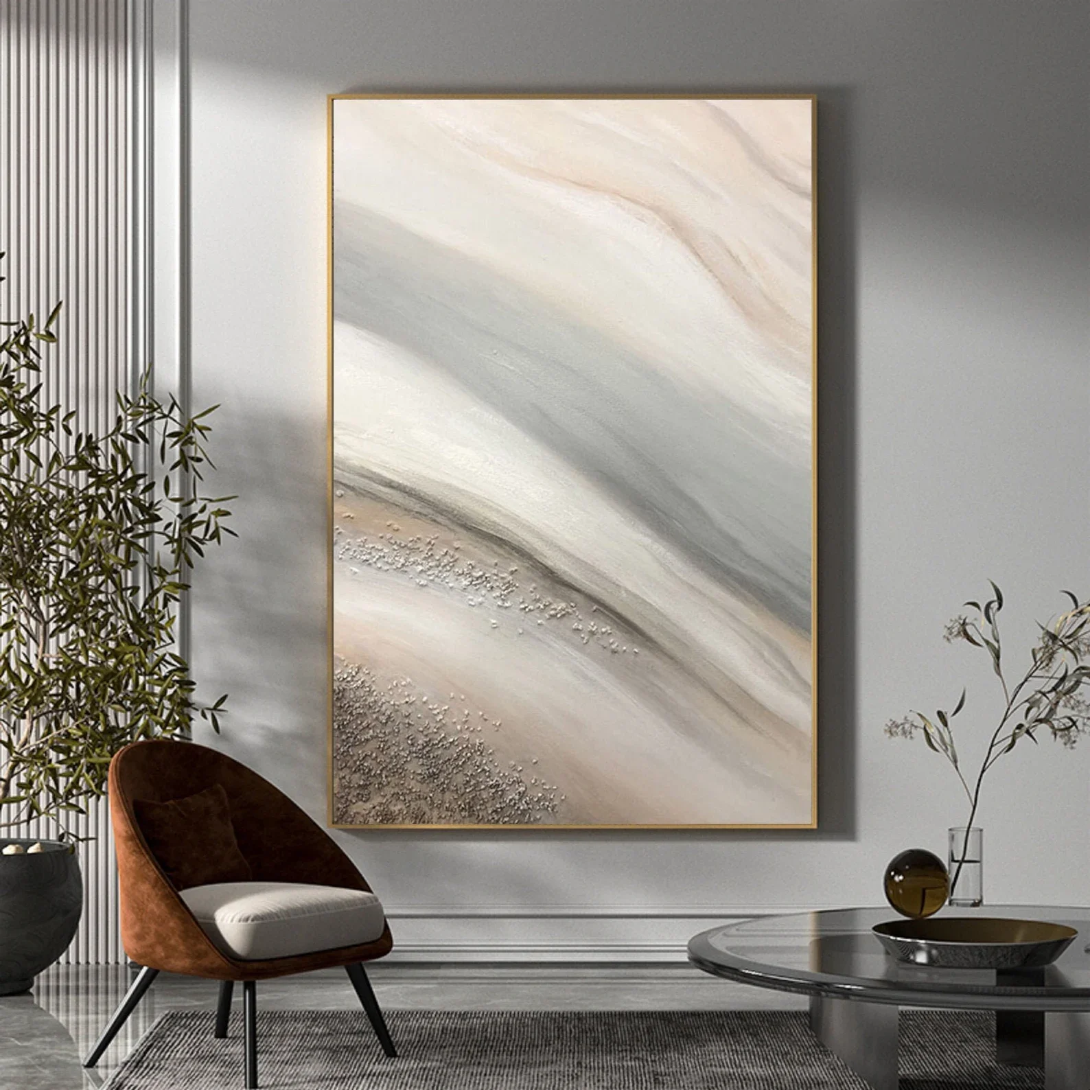 100% Real Hand Painted Abstract Beige Acrylic Oil Painting,Large Modern Minimalist Canvas Wall Art for Living Room Bedroom