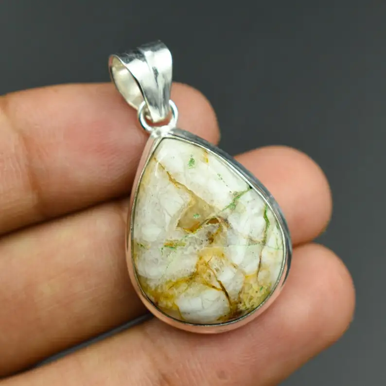 Handmade 925 Sterling Silver Beautiful Picture Jasper Pendant Necklace Diamond Pearl Cross-Shaped Flower for Mum for Weddings