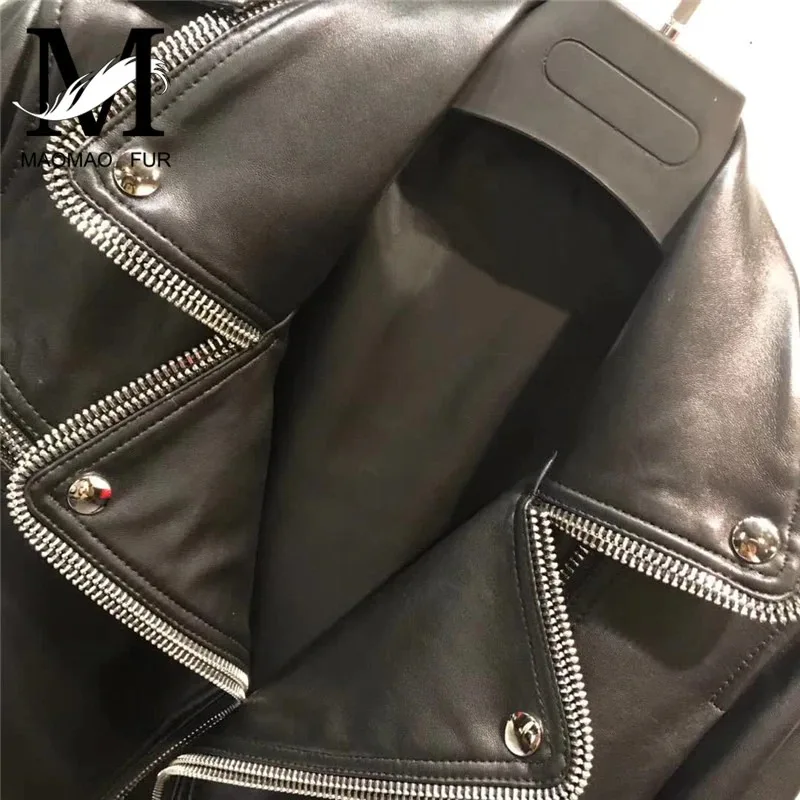 Genuine Leather Jacket Zippers Women Natural Sheepskin Coat Belt Lady Short Style Real Leather Coat for Women