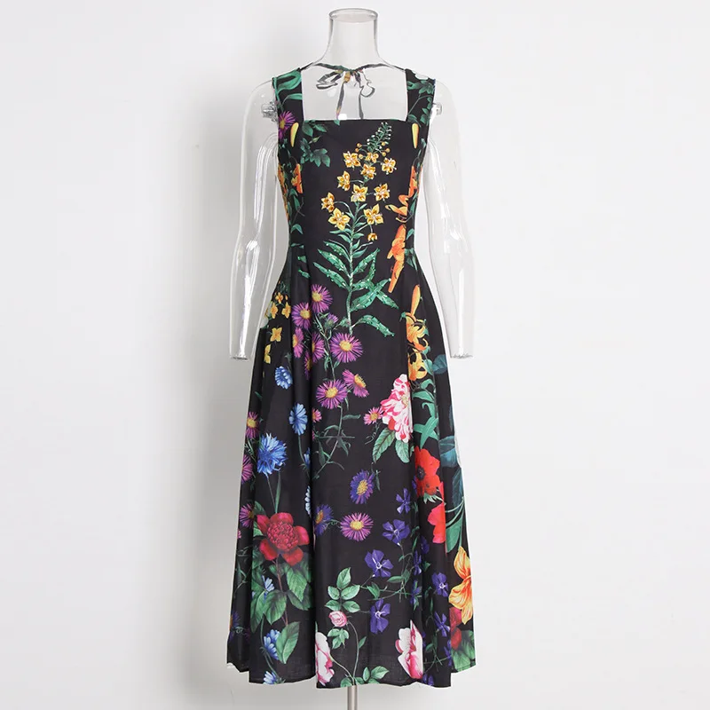 European And American Elegant Style Printed Strap Square Neck Pin Bead Strap Flora Woman Long Maxi Dress Ladies