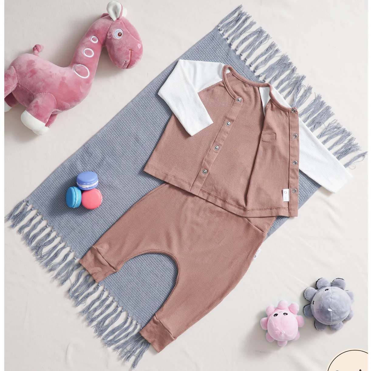 Вьетнамский костюм унисекс для новорожденных из 95% хлопка с бесшовным топом с длинным рукавом и брюками с высоким поясом