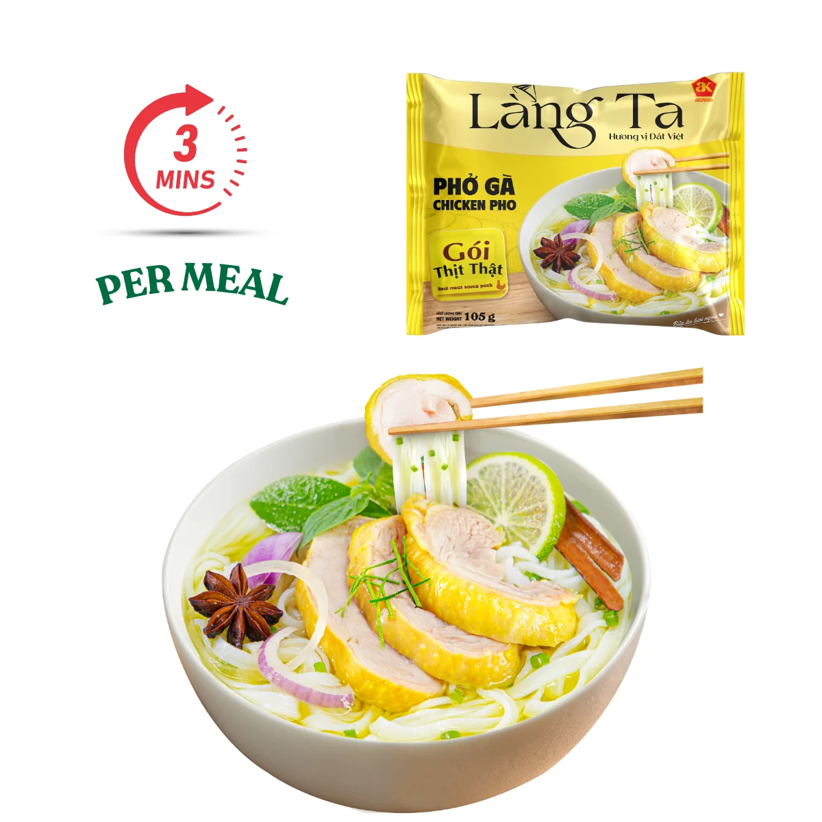 105G Chicken Instant Pho Rice Noodles with real meat sauce OEM package convenient meal Asian food from ISO HACCP Vietnam factory