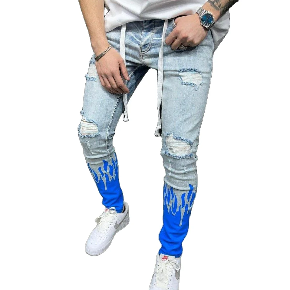 Custom Distressed Washed Black Denim Jeans Pants for men stylish Baggy Hole Super Skinny Jeans