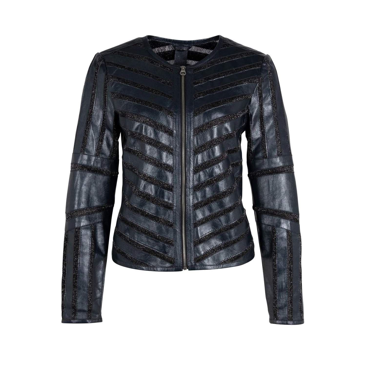 2024 latest design high quality blue metallic women Short jacket with zipper Inserts with glitter 100% Rea Leather Jackets