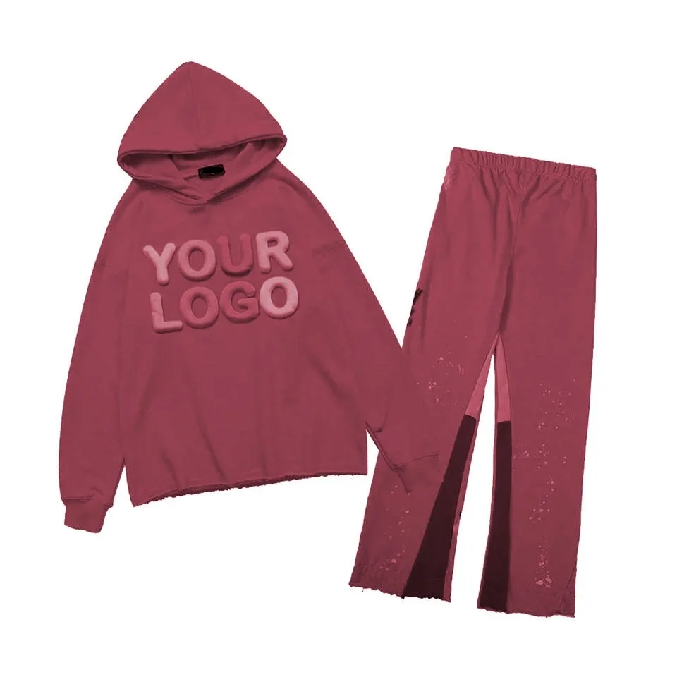Custom flare puff print stack jogger sets tracksuit raw hem set web flared sweatpants and hoodie set men