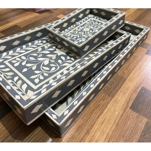 Customized Sticker Print Madkhan Wooden Round Bone Inlay Serving Tray New Bone Inlay Mother Of Pearl Tray Wooden Tray Set Of 3