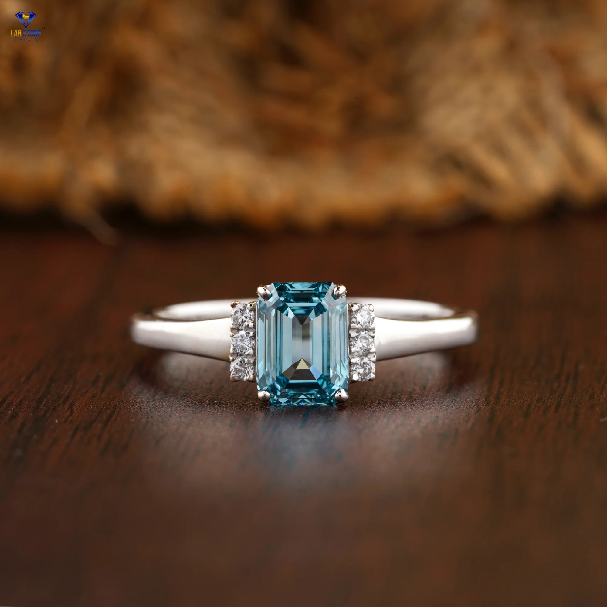 1.06 TDW Fancy Blue Emerald & Round Cut Diamond Ring  White Gold  Cluster Setting  Cvd/hpht Diamond  Lab Stone