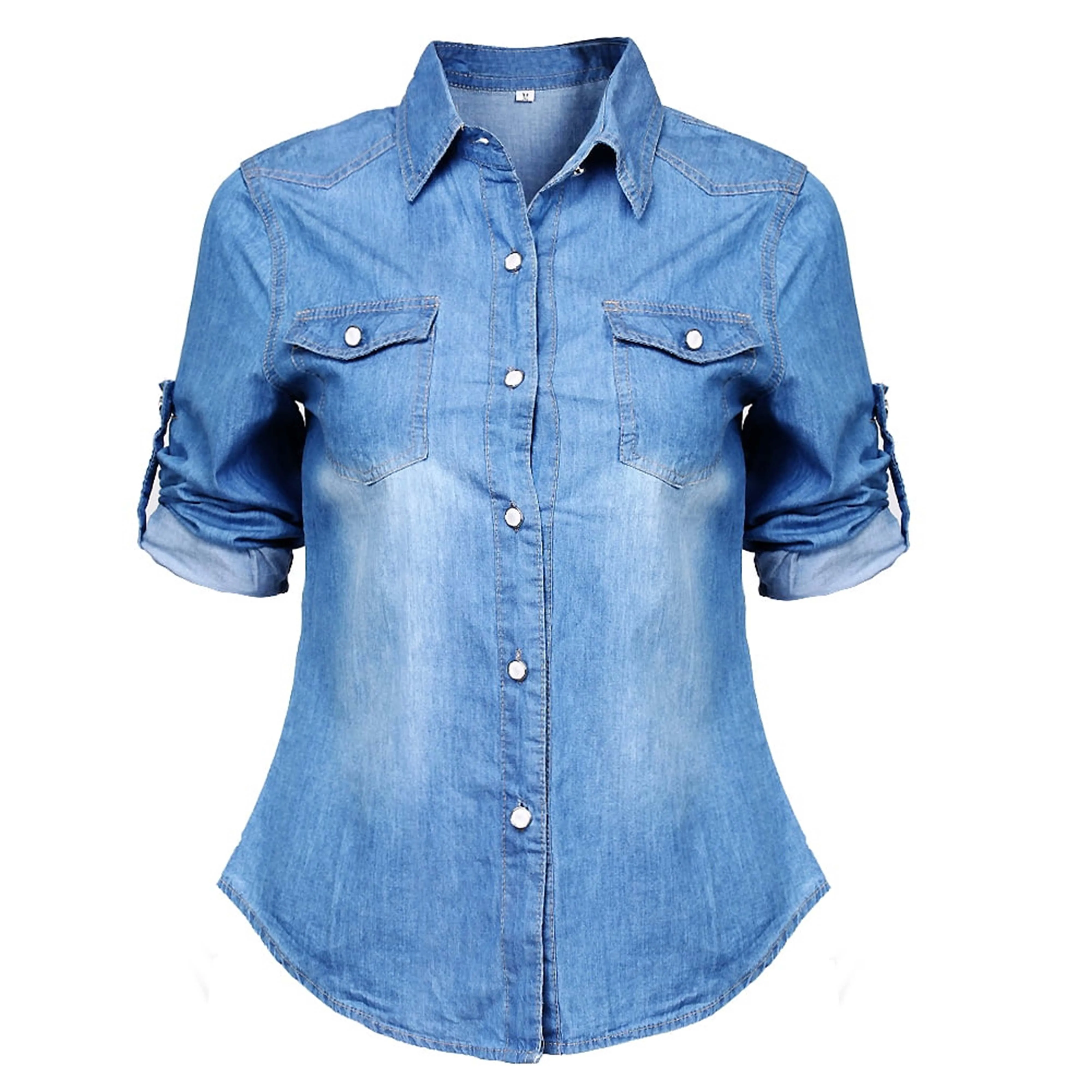 OEM Button Down Denim Shirts Casual Long Sleeve Blouse Top Quality Breathable Denim Shirt Women Slim Fit Denim Shirt For Girls
