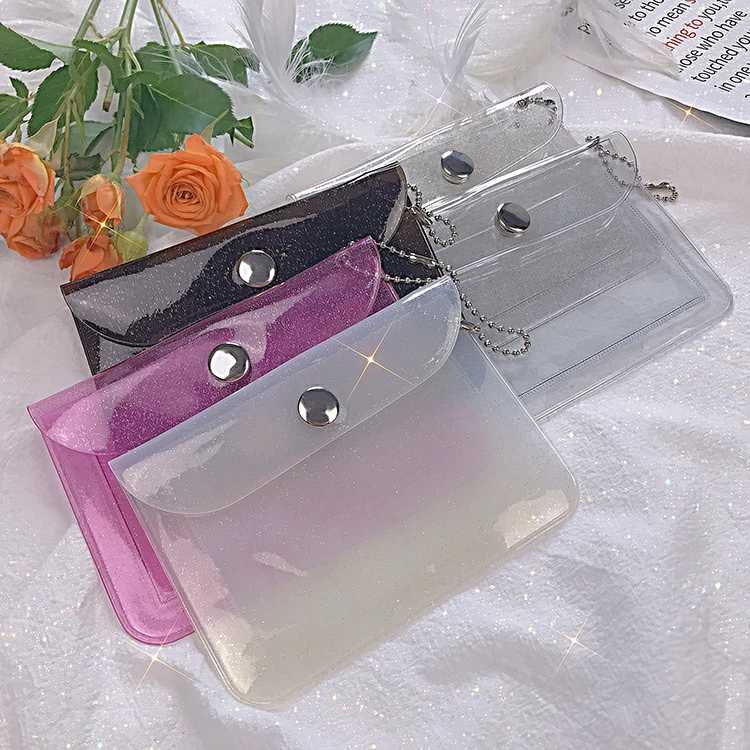 Transparent Glitter PVC Card Bag with Bead Chain Portable Travel Coin Purse Snap Closure Small Pouch Card Holders for Women