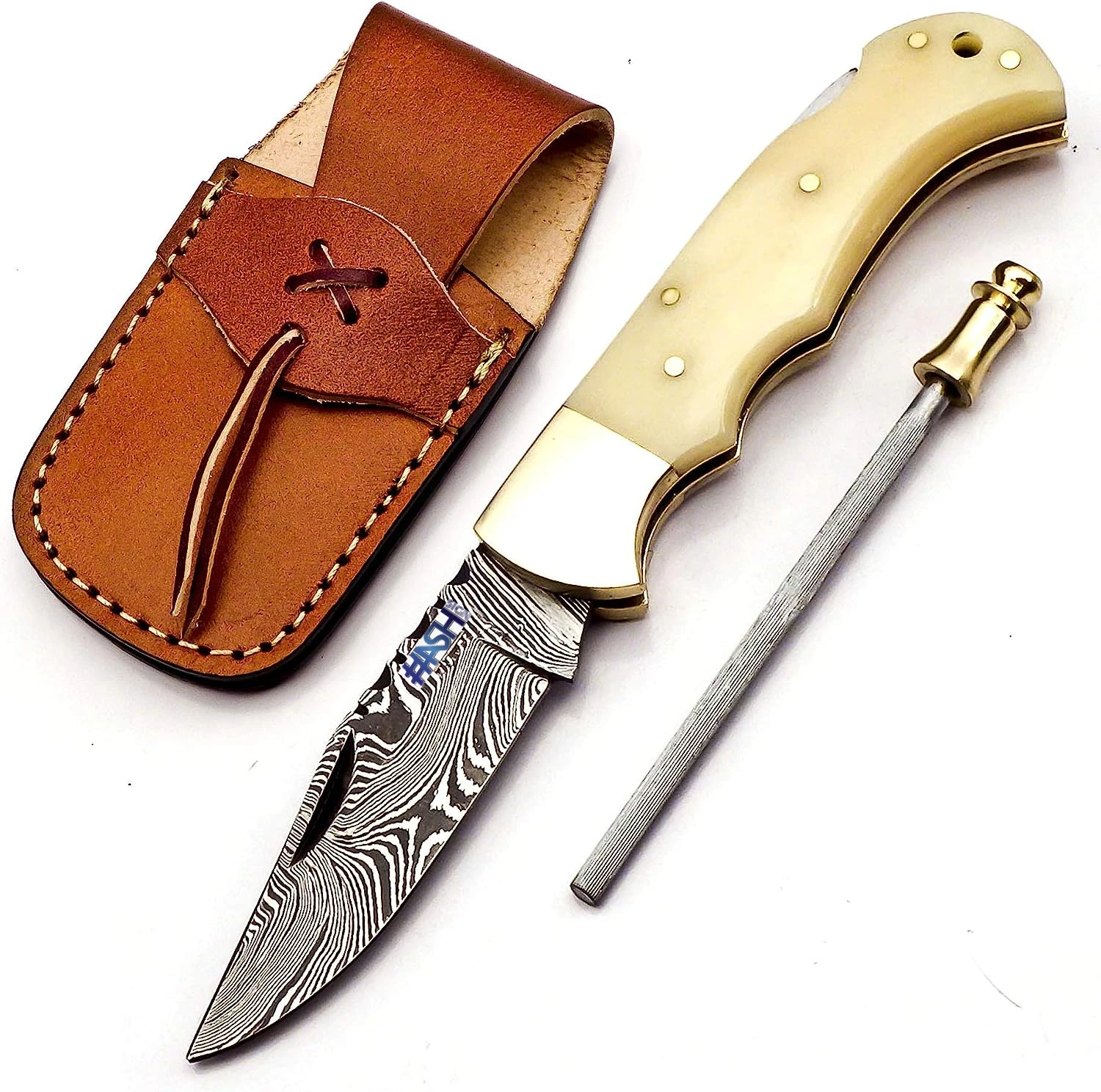 6.5 Inch Handmade Damascus Pocket knife for Men Folding Knife with back lock & Sharpening Rod Pocket knife for Camping Hiking
