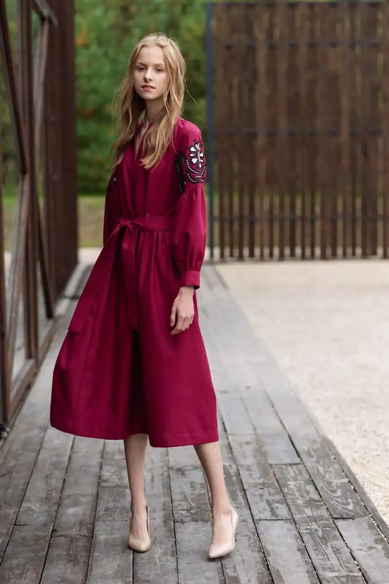 excellent very nice soft linen fabric winter dress fully floral embroidered puff sleeve long ukrainian dress party wear style
