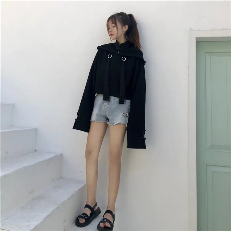 Women Fashion Long Sleeve Black Crop Top Gothic Short Hoodies Sexy Women Pullover Jumper Sweatshirt Girl Gothic Cropped Hoodie