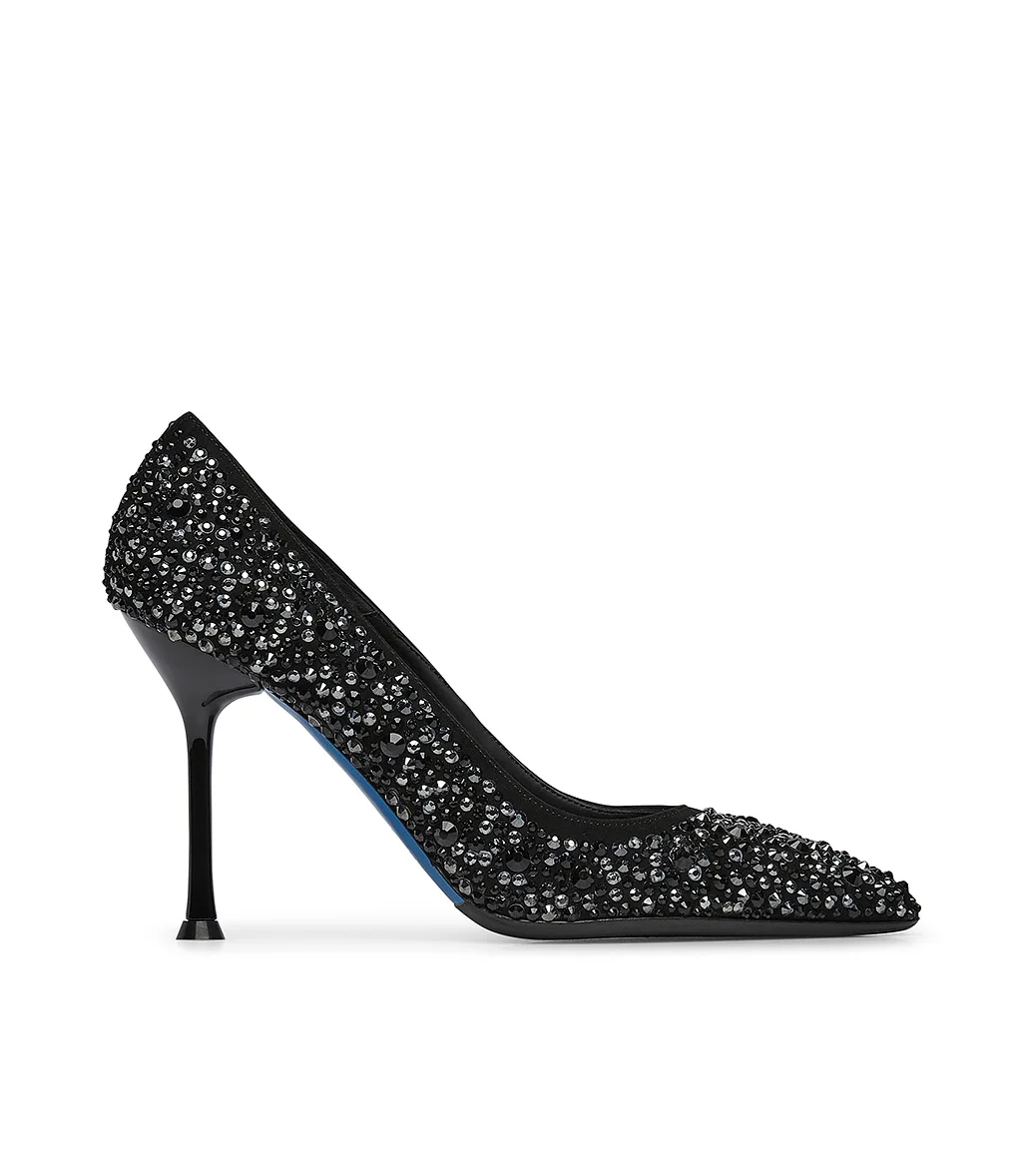 Black suede pumps with rhinestone embellishment across the entire upper made entirely in Italy and with stiletto for wholesale