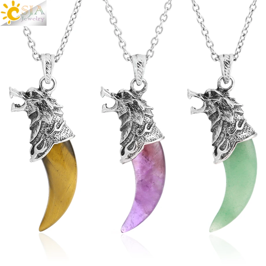 CSJA Wholesale Gothic Necklaces Jewelry Natural Stone Healing Amethysts Pink Quartz Wolf Shape Crystal Pendant Men Necklace H314