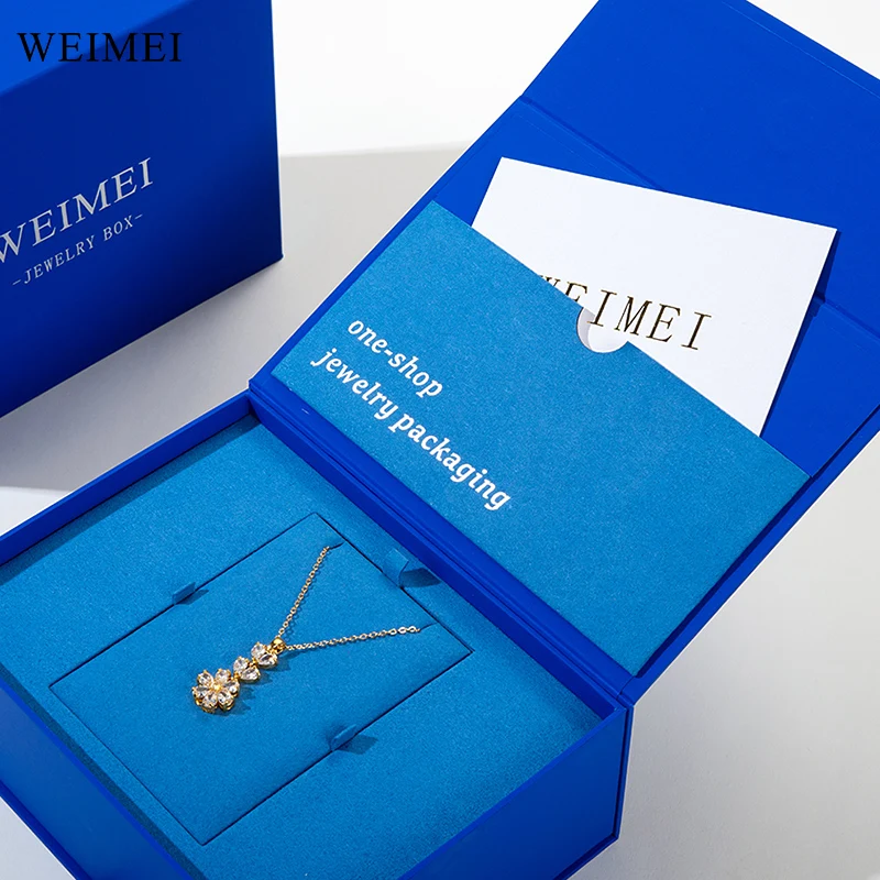 WEIMEI FSC Blue high-end jewelry packaging set box paper ring jewelry box cardboard microfiber necklace package box