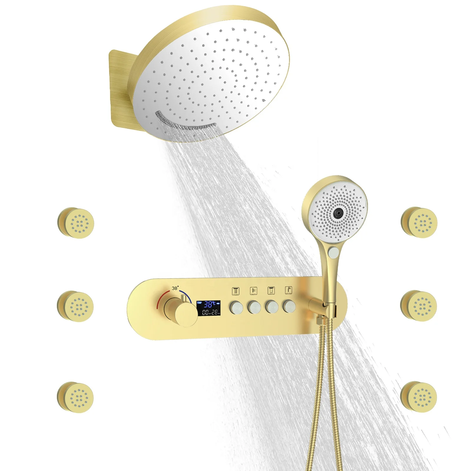 Wall Mount Thermostatic display Shower System Brushed Gold Bath Shower Set with High Pressure 6 pcs Body Sprays Brass Shower