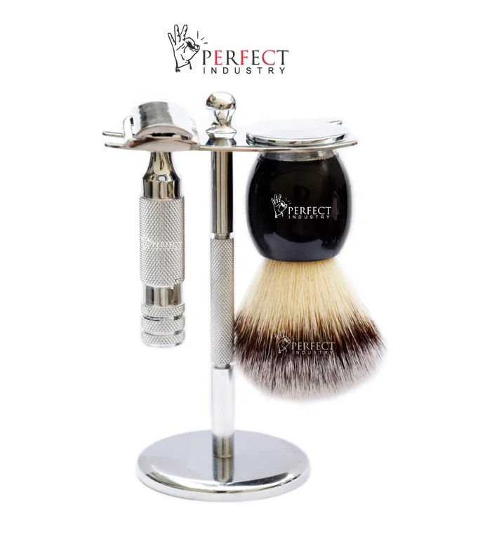 Hot selling finest Black & Chrome groomsmen set Black Fixed Blade Razor Black Shaving Brush & Shaving Stand Set